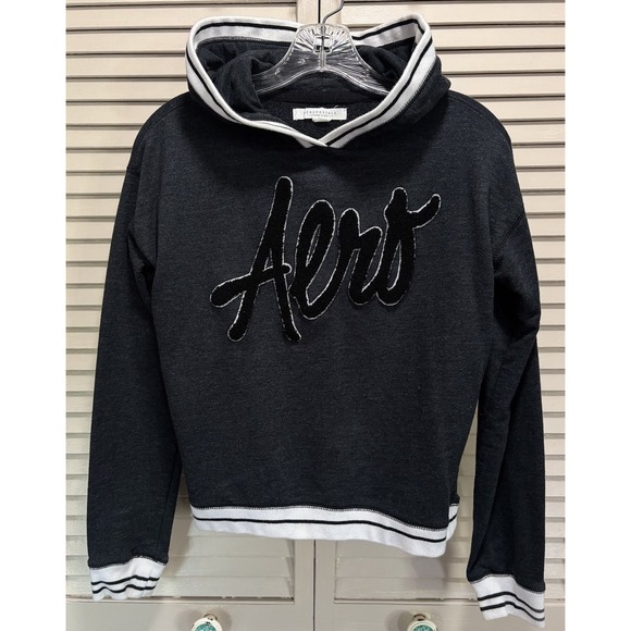 Aeropostale Hoodie Sweatshirt Size XS Long Sl Crop Logo Graphic Gray/Black - Picture 1 of 7